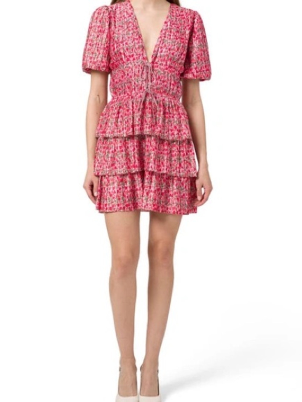 Wayf Pink Tiered V-Neck Mini Dress